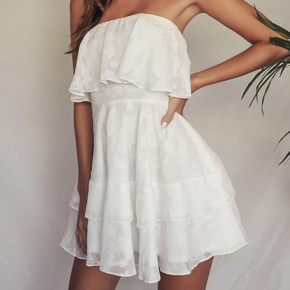 True love White burnout floral ruffled strapless mini dress